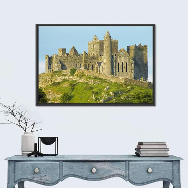 Rock of Cashel, County Tipperary Canvas Wall Art in gray, green and blue, framed canvas, product view on a white background