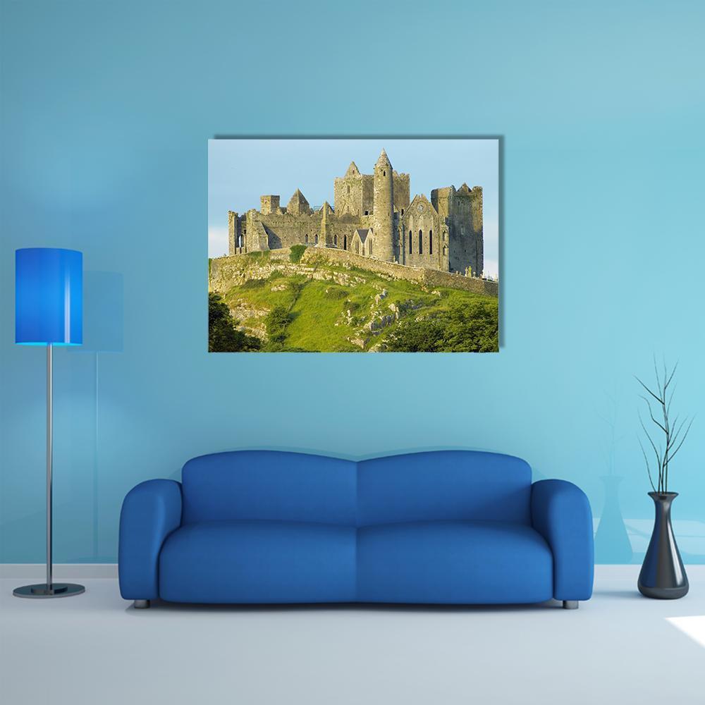 Rock of Cashel, County Tipperary Canvas Wall Art in gray, green and blue, single panel hung on a wall