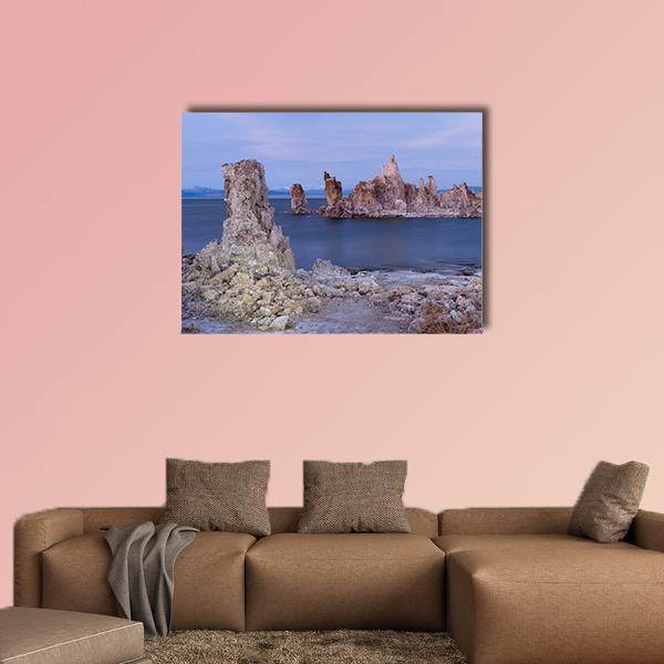 Tufa Towers of Mono Lake at Dusk Canvas Wall Art in beige, blue and purple, single panel hung on a wall
