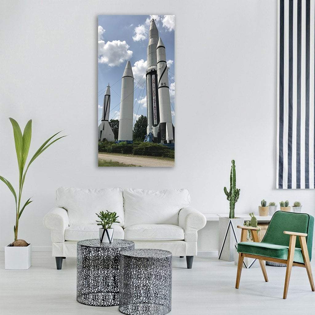 Retro Rockets with United States Lettering Vertical Canvas Wall Art in white, gray and blue, single vertical panel hung on a wall