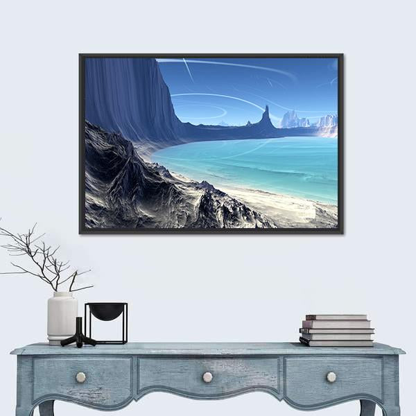 Rocks And Lake On Alien Planet Canvas Wall Art-1 Piece-Floating Frame-24" x 16"-Tiaracle