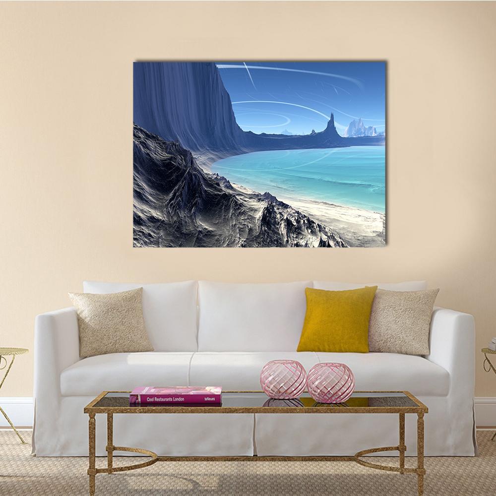 Rocks and Lake on Alien Planet Canvas Wall Art in gray and blue, single panel hung on a wall
