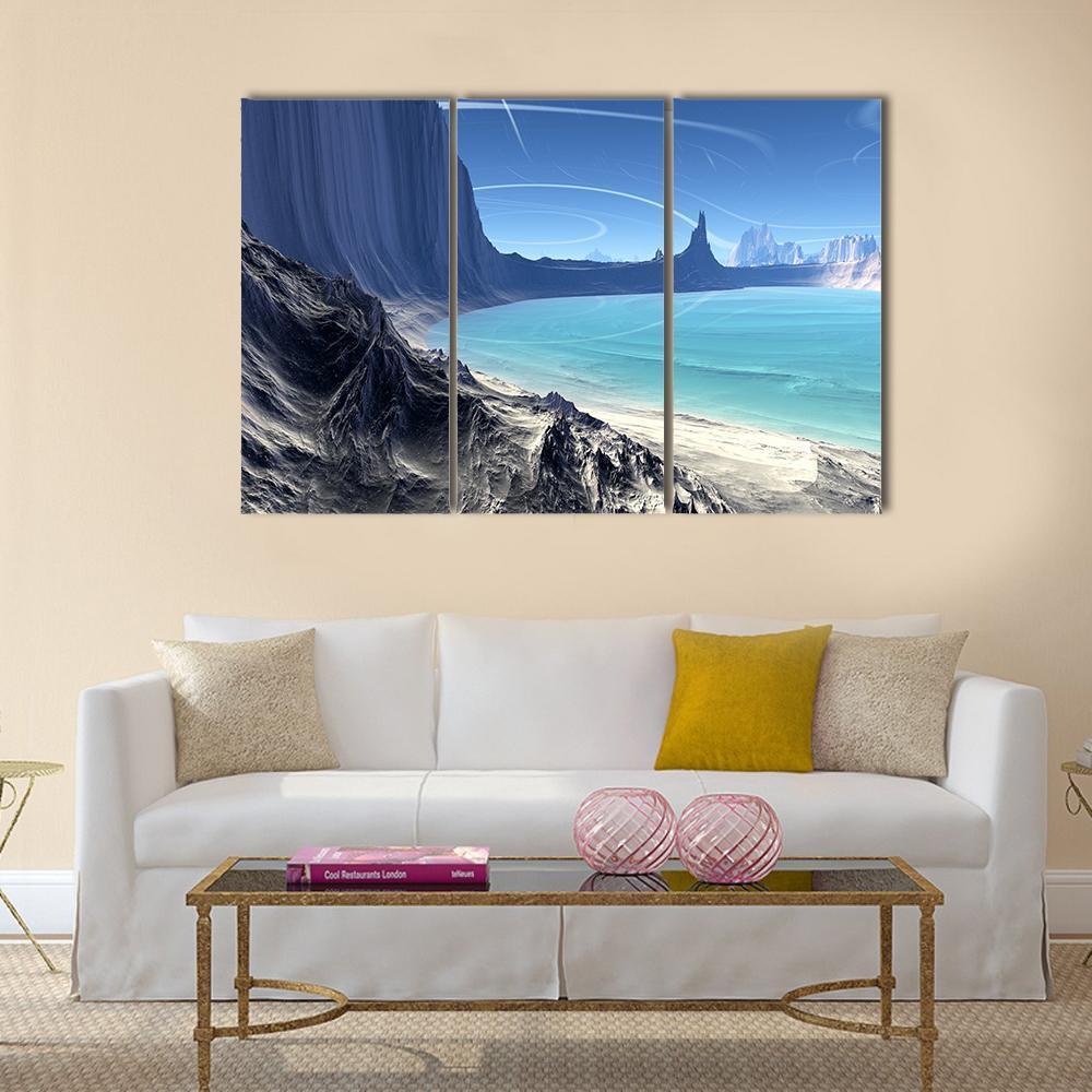 Rocks And Lake On Alien Planet Canvas Wall Art-4 Pop-Gallery Wrap-50" x 32"-Tiaracle