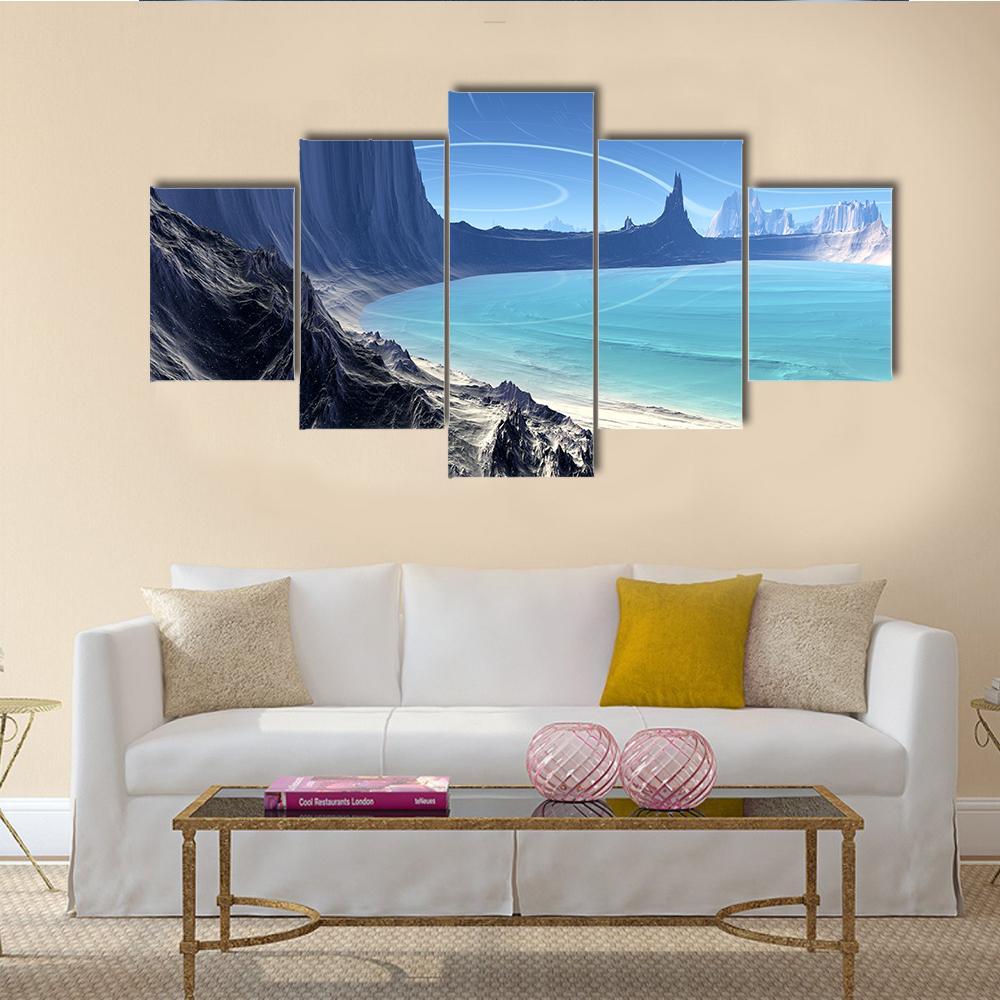 Rocks And Lake On Alien Planet Canvas Wall Art-5 Star-Gallery Wrap-62" x 32"-Tiaracle