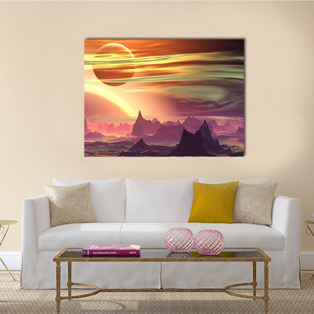 Rocks and Moon on Alien Planet Canvas Wall Art in orange, yellow and purple, single panel hung on a wall