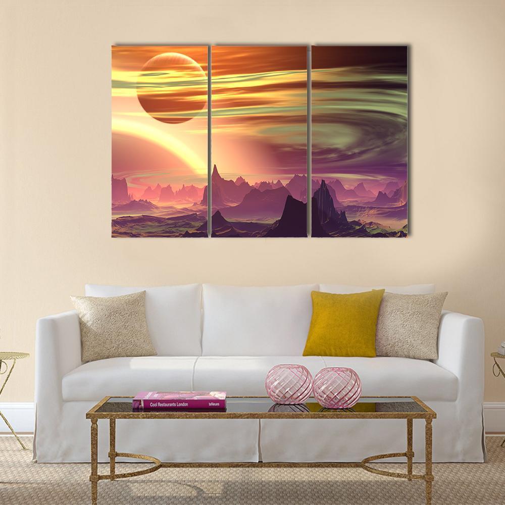 Rocks And Moon On Alien Planet Canvas Wall Art-3 Horizontal-Gallery Wrap-37" x 24"-Tiaracle