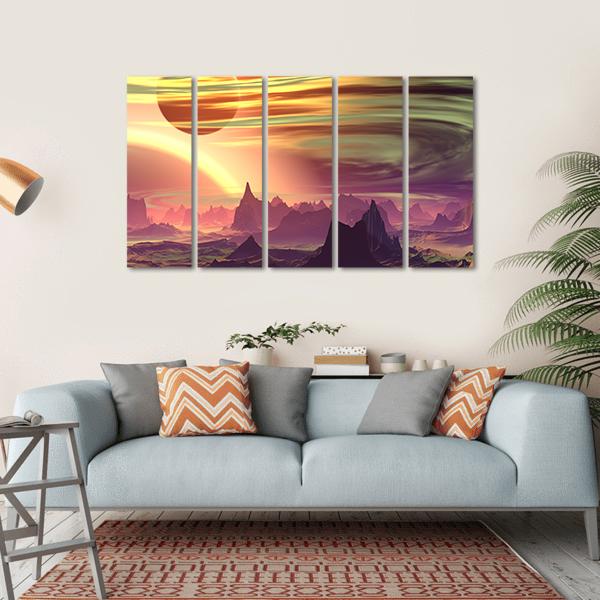 Rocks And Moon On Alien Planet Canvas Wall Art-5 Horizontal-Gallery Wrap-22" x 12"-Tiaracle