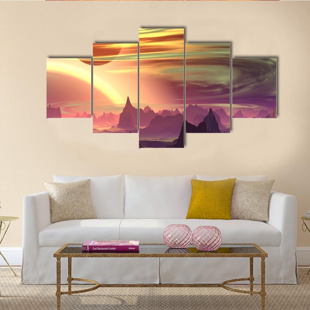 Rocks And Moon On Alien Planet Canvas Wall Art-5 Star-Gallery Wrap-62" x 32"-Tiaracle