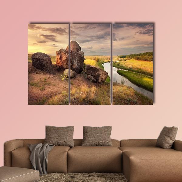 Rocks And River With Reflection In Ukraine Canvas Wall Art-5 Pop-Gallery Wrap-47" x 32"-Tiaracle