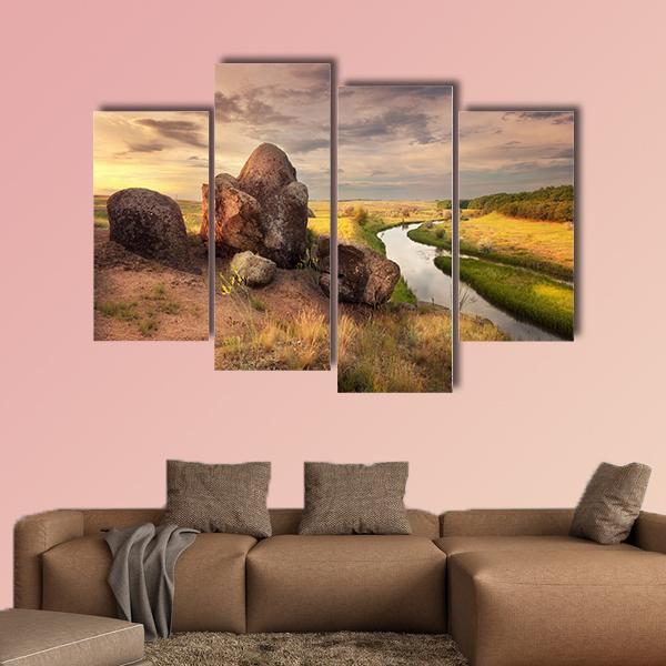 Rocks And River With Reflection In Ukraine Canvas Wall Art-4 Pop-Gallery Wrap-50" x 32"-Tiaracle