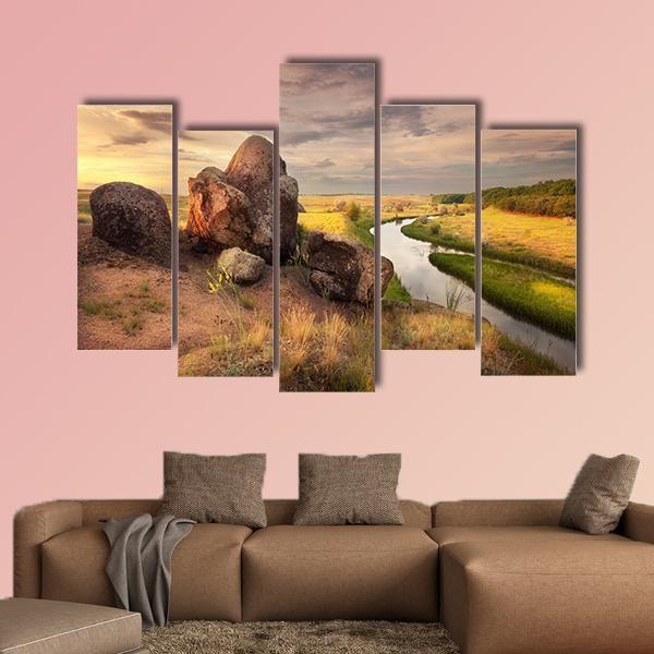 Rocks And River With Reflection In Ukraine Canvas Wall Art-5 Pop-Gallery Wrap-47" x 32"-Tiaracle