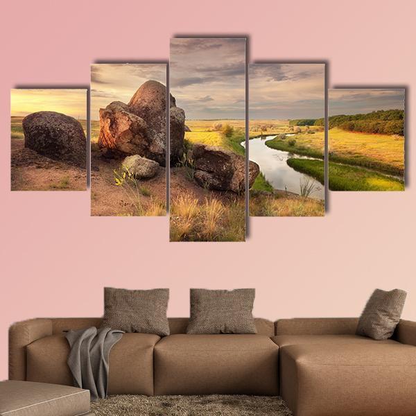 Rocks And River With Reflection In Ukraine Canvas Wall Art-5 Star-Gallery Wrap-62" x 32"-Tiaracle