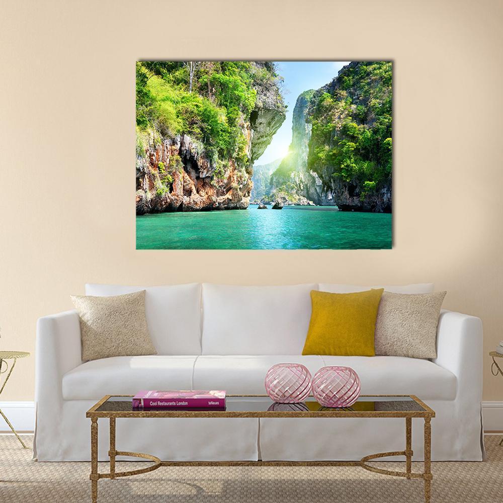 Tropical Cliffs and Turquoise Sea in Thailand Canvas Wall Art in gray, green and blue, single panel hung on a wall
