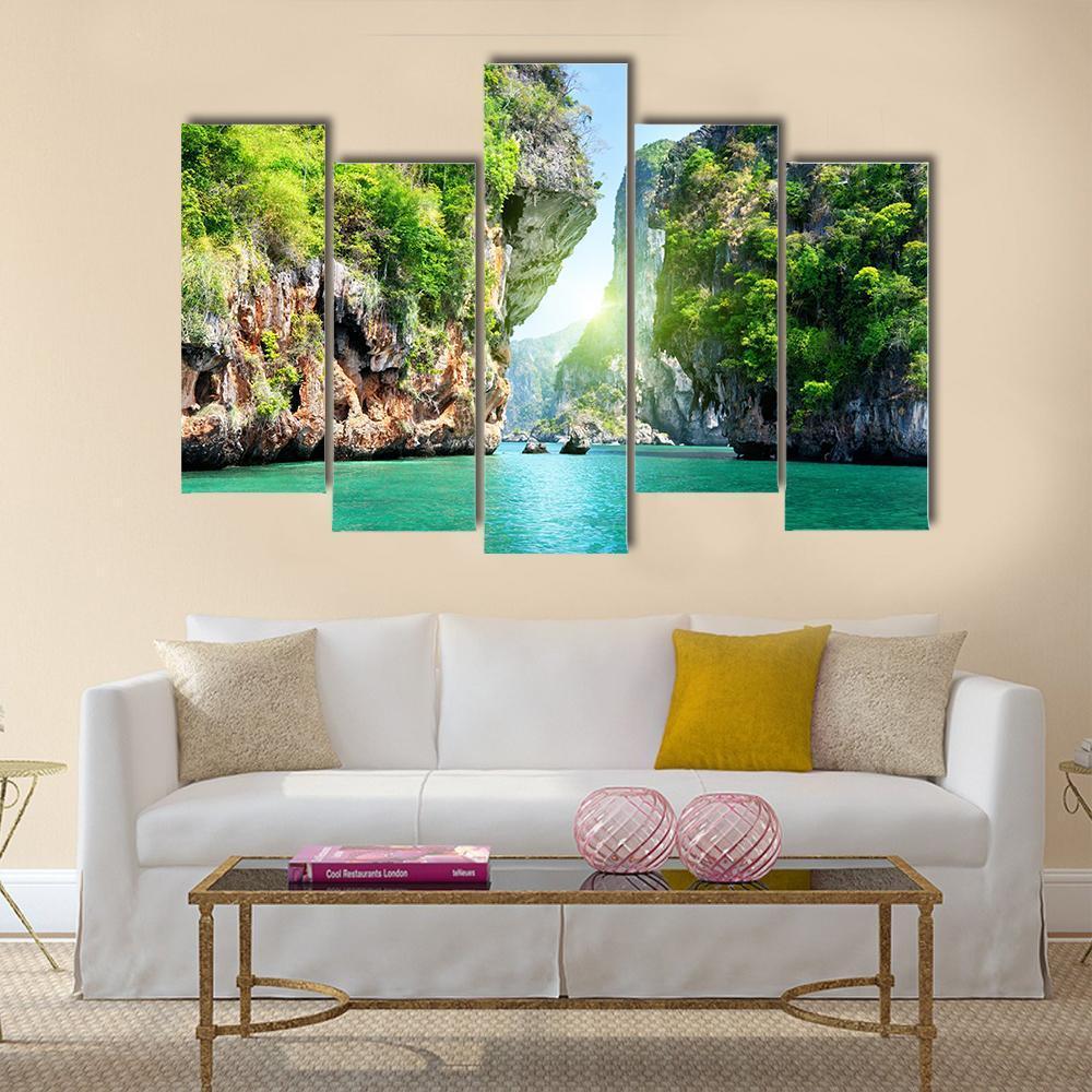 Rocks And Sea In Thailand Canvas Wall Art-5 Pop-Gallery Wrap-47&quot; x 32&quot;-Tiaracle