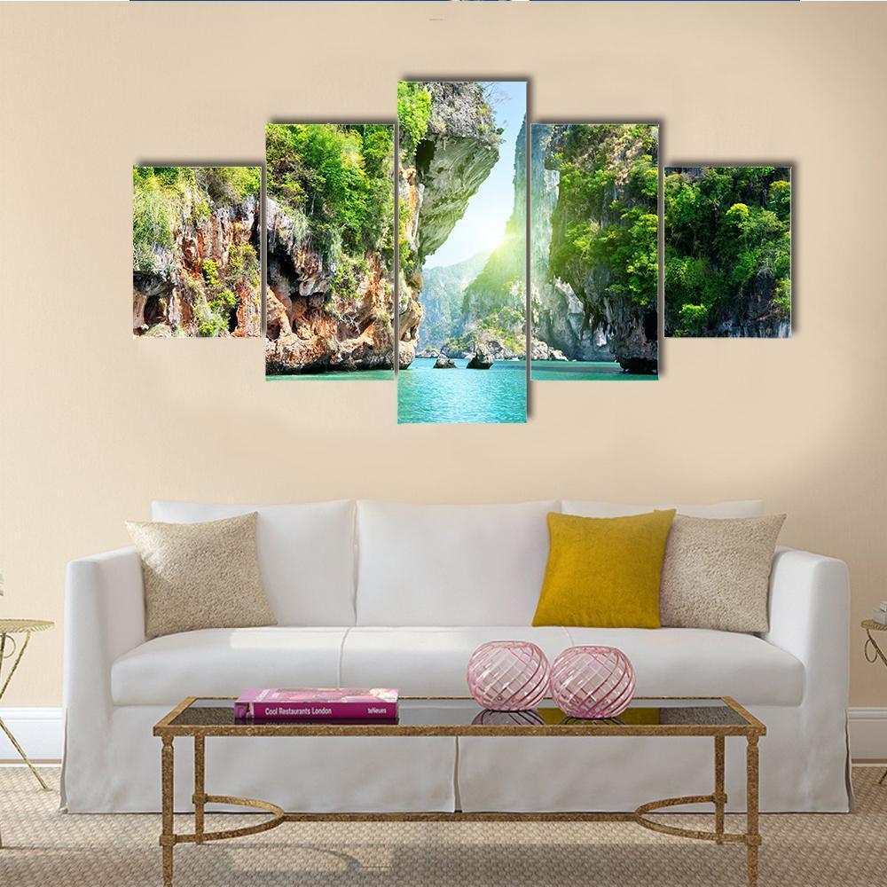 Rocks And Sea In Thailand Canvas Wall Art-5 Star-Gallery Wrap-62&quot; x 32&quot;-Tiaracle