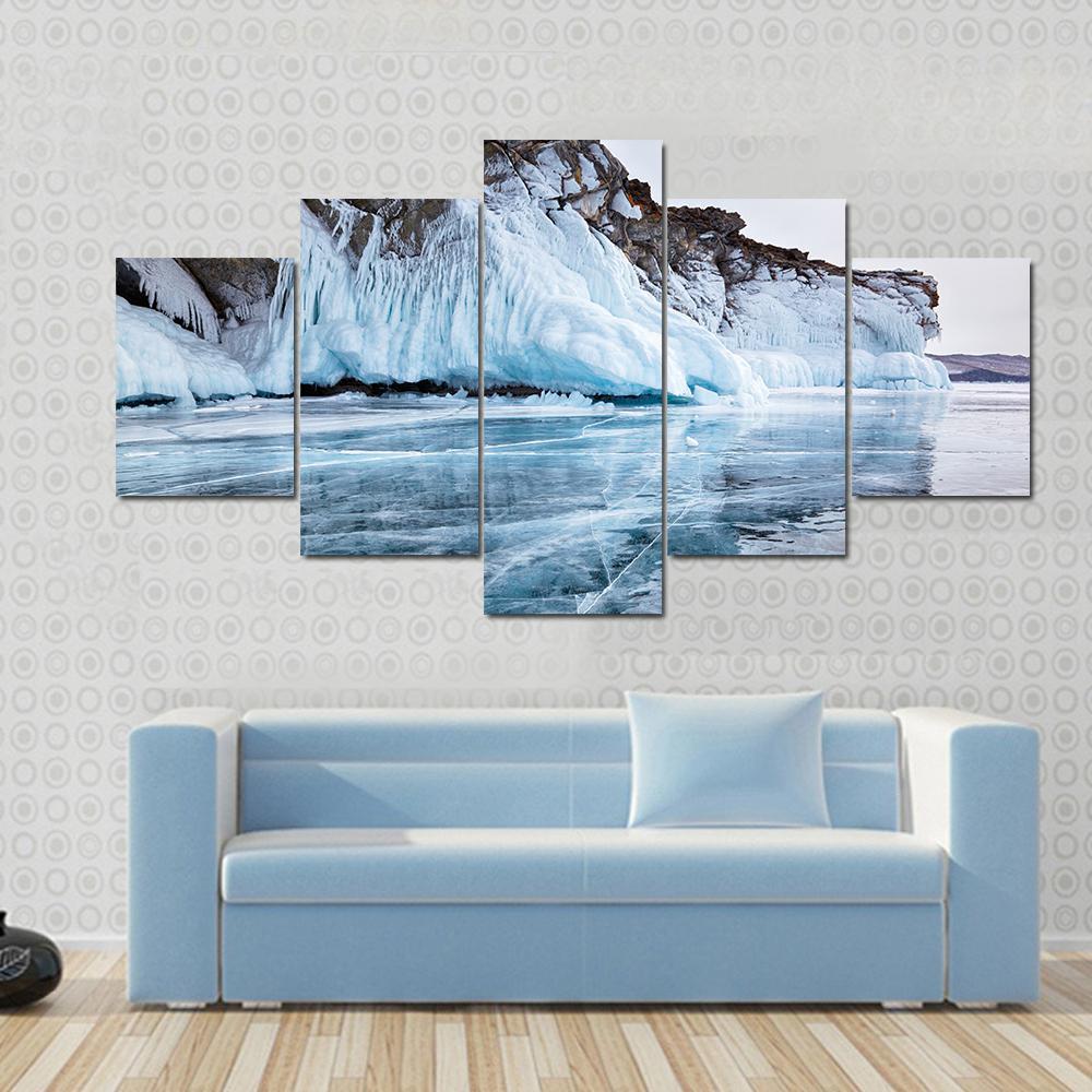 Rocks Frozen Into The Ice Of Siberian Baikal Lake In Winter Canvas Wall Art-5 Star-Gallery Wrap-62" x 32"-Tiaracle