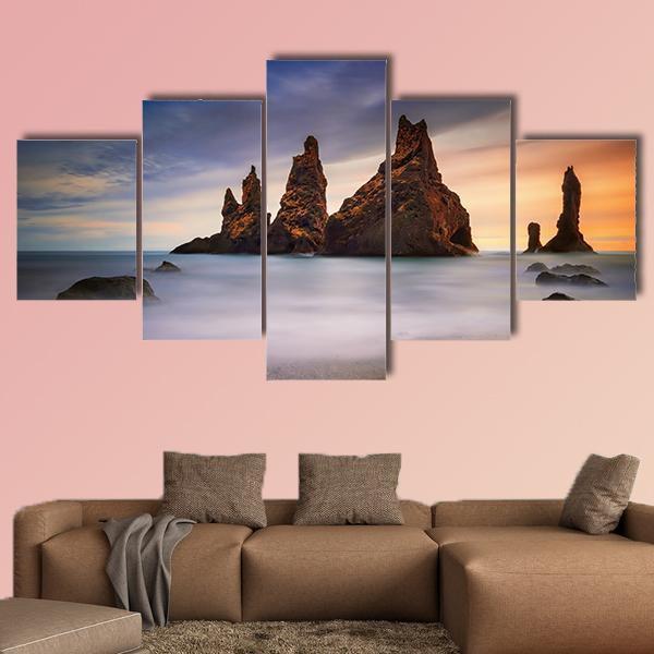 Rocks On Black Beach In Iceland Canvas Wall Art-5 Star-Gallery Wrap-62" x 32"-Tiaracle