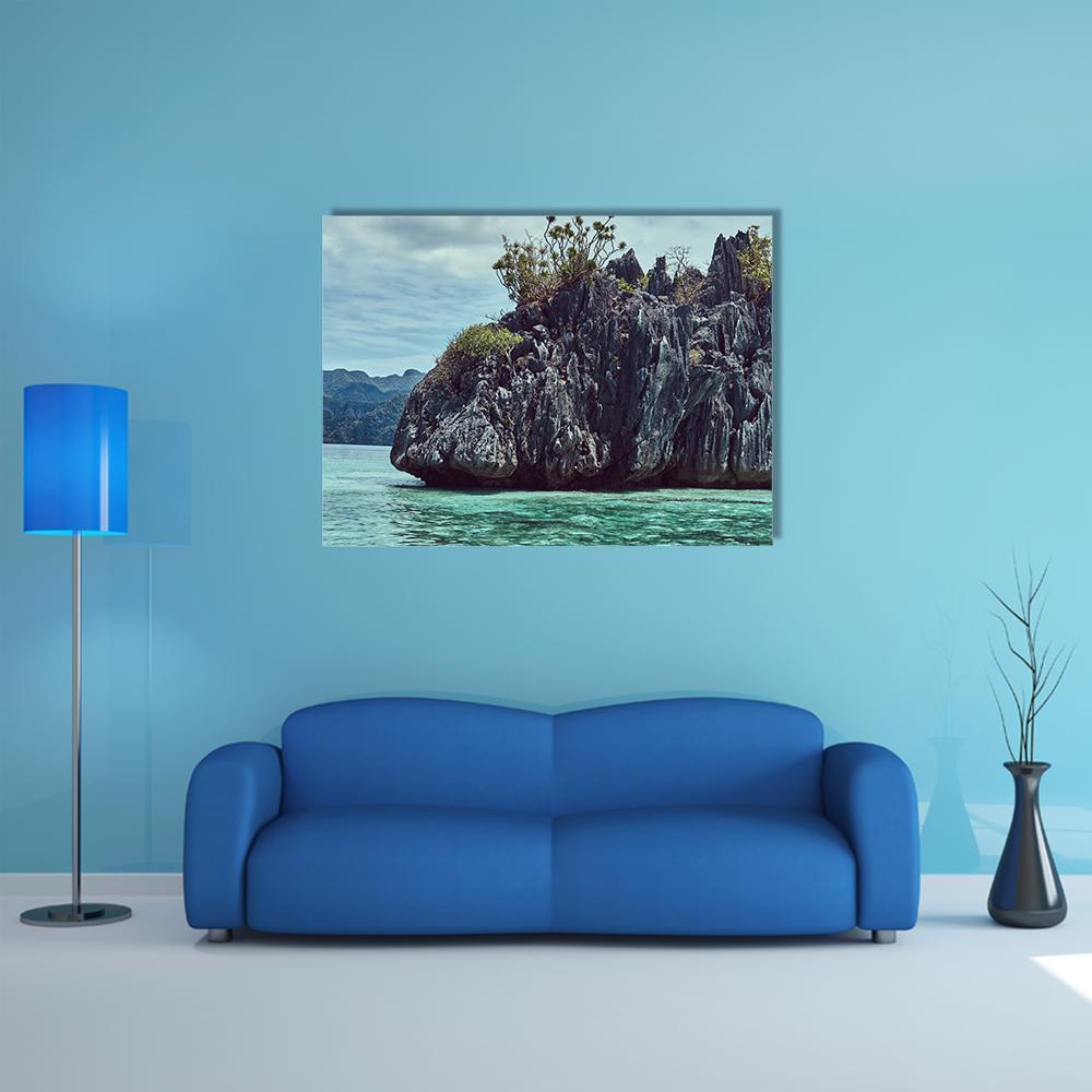 Rocky Bay in the Philippines Canvas Wall Art in gray, green and blue, single panel hung on a wall