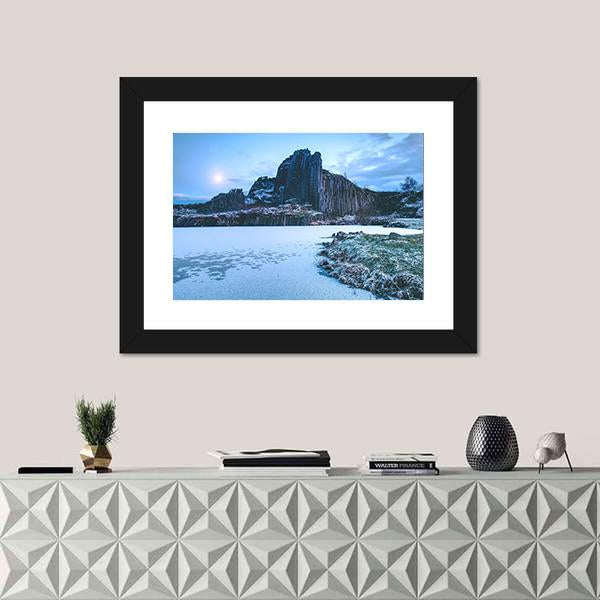 Rocky Hill Covered By Snow In Winter Canvas Wall Art-1 Piece-Framed Print-20" x 16"-Tiaracle