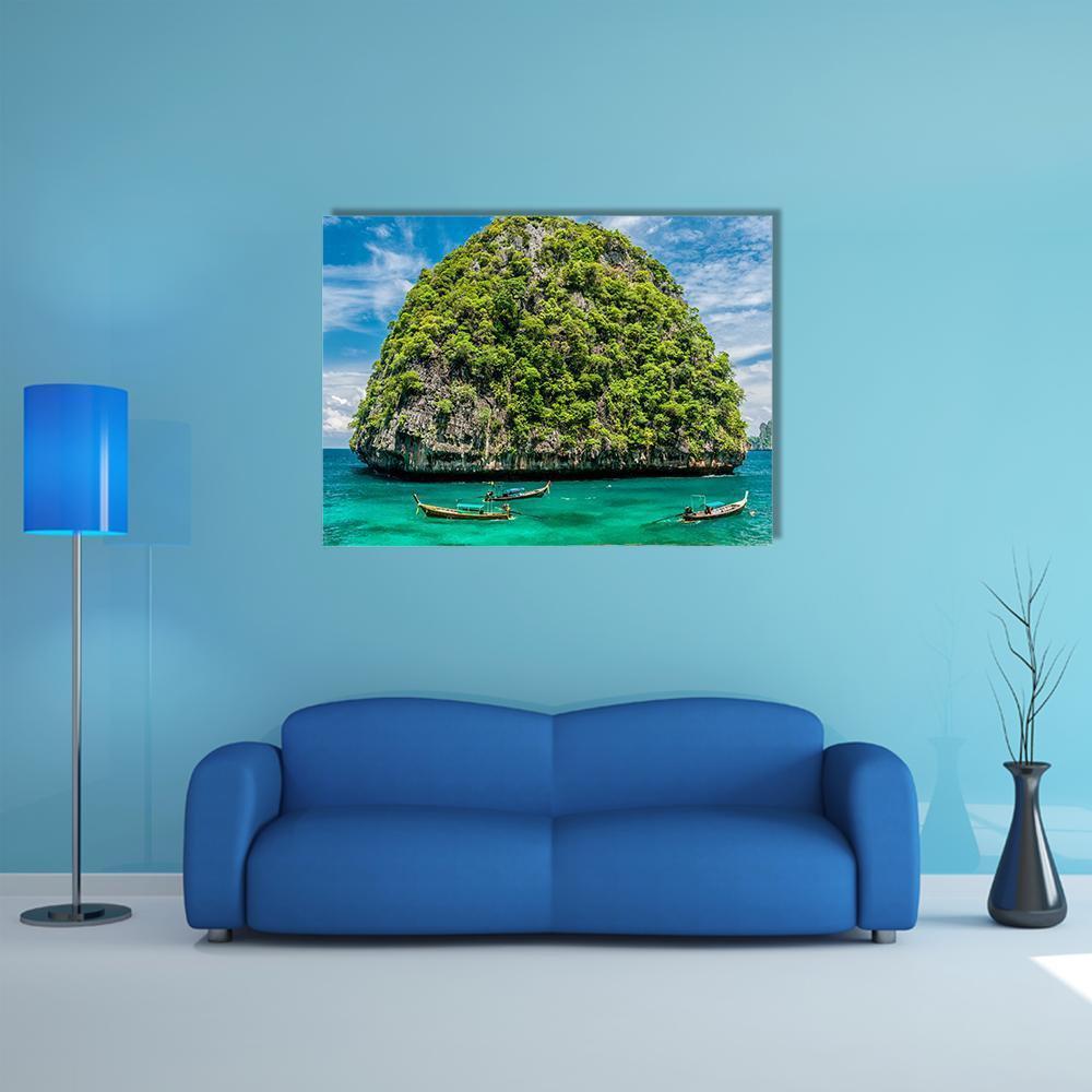 Rocky Island in Thailand Canvas Wall Art in green and blue, single panel hung on a wall