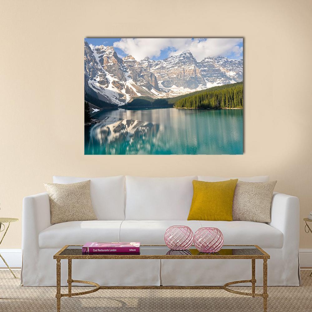 Moraine Lake and Rocky Mountains in Canada Canvas Wall Art in gray, green and blue, single panel hung on a wall