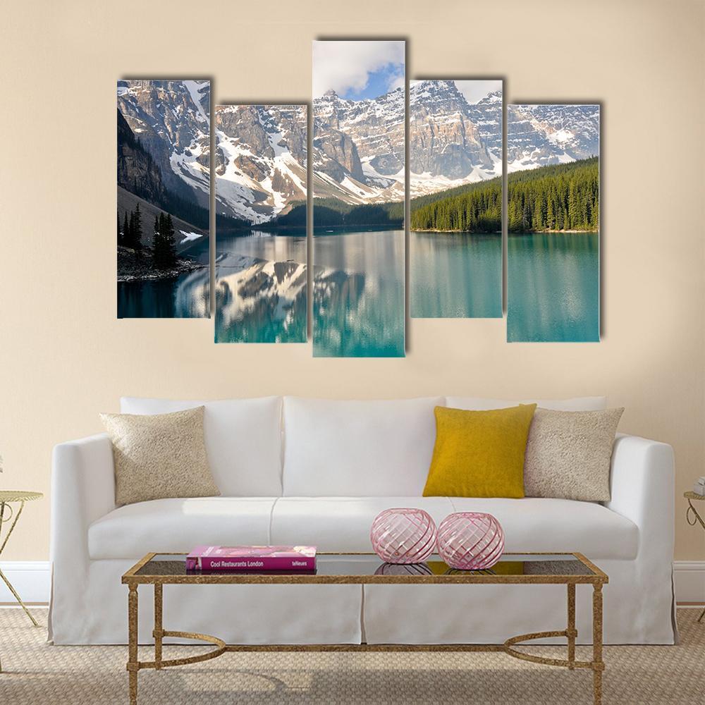 Rocky Mountain And Moraine Lake In Canada Canvas Wall Art-5 Pop-Gallery Wrap-47" x 32"-Tiaracle