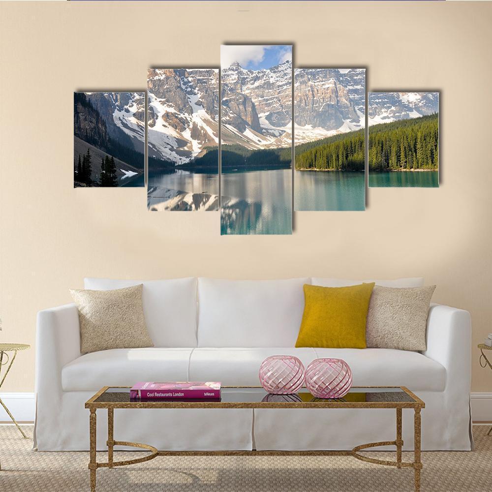 Rocky Mountain And Moraine Lake In Canada Canvas Wall Art-5 Star-Gallery Wrap-62" x 32"-Tiaracle
