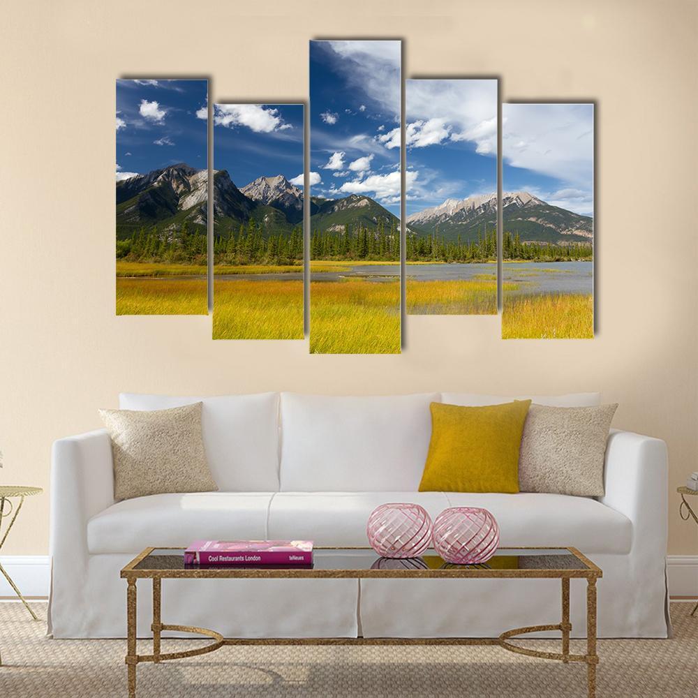 Rocky Mountains And Cloudy Sky Canvas Wall Art-5 Pop-Gallery Wrap-47" x 32"-Tiaracle