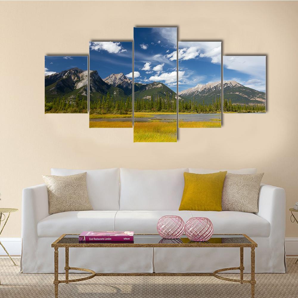 Rocky Mountains And Cloudy Sky Canvas Wall Art-5 Star-Gallery Wrap-62" x 32"-Tiaracle