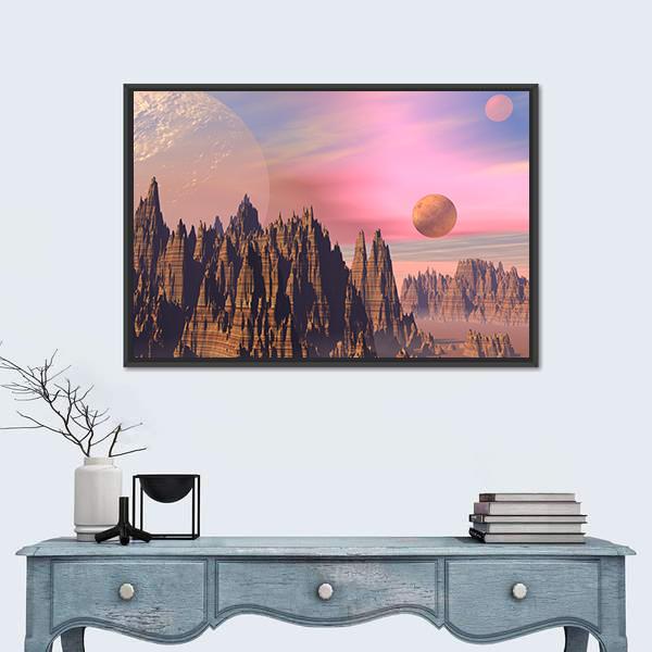 Rocky Mountains And Planets Canvas Wall Art-1 Piece-Floating Frame-24" x 16"-Tiaracle