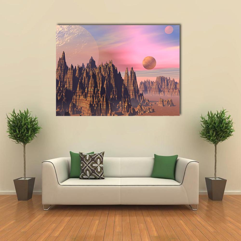 Alien Mountains Under Twin Moons Canvas Wall Art in brown, purple and pink, single panel hung on a wall