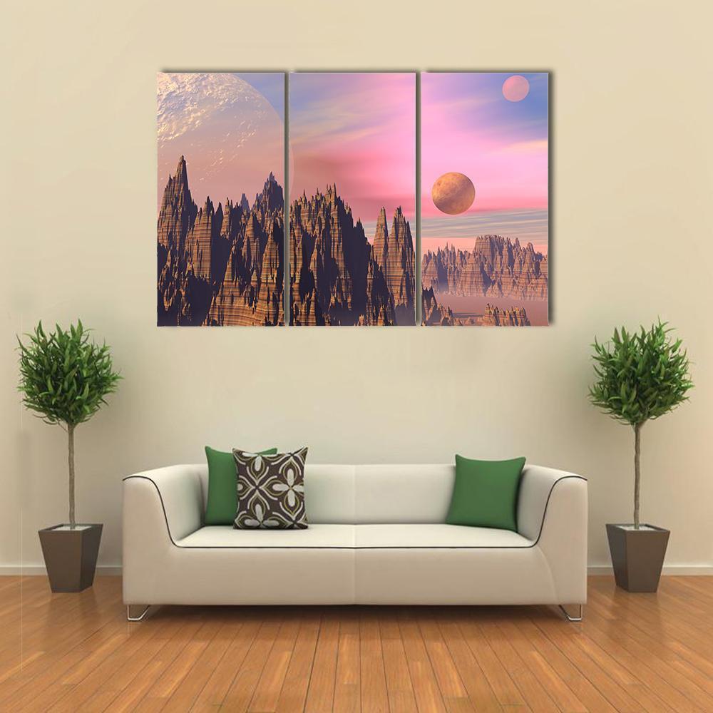 Rocky Mountains And Planets Canvas Wall Art-5 Star-Gallery Wrap-62" x 32"-Tiaracle