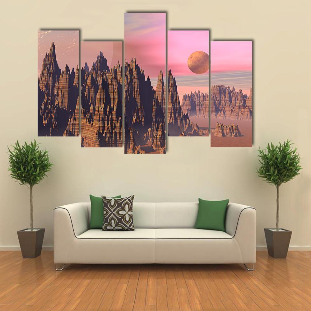 Rocky Mountains And Planets Canvas Wall Art-5 Pop-Gallery Wrap-47" x 32"-Tiaracle