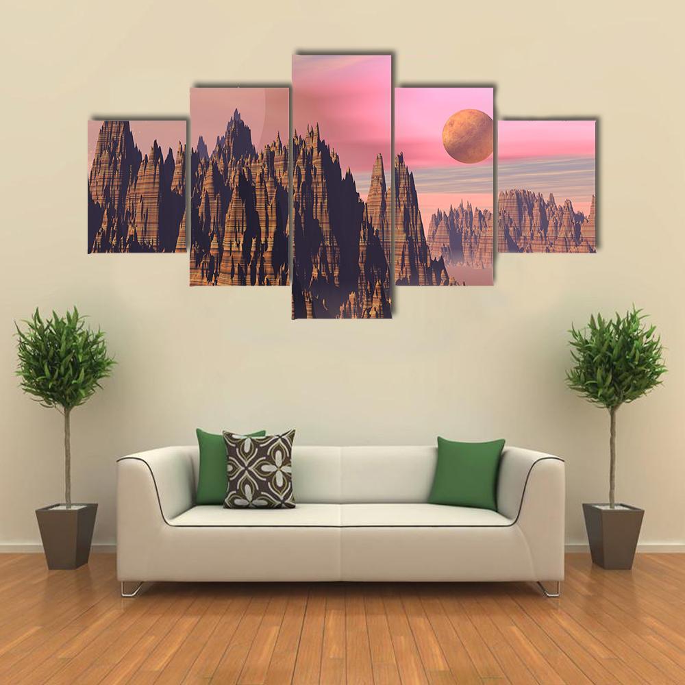 Rocky Mountains And Planets Canvas Wall Art-5 Star-Gallery Wrap-62" x 32"-Tiaracle