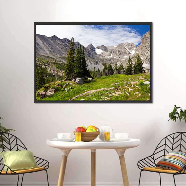 Rocky Mountains Landscape Canvas Wall Art in gray, green and blue, framed canvas, product view on a white background