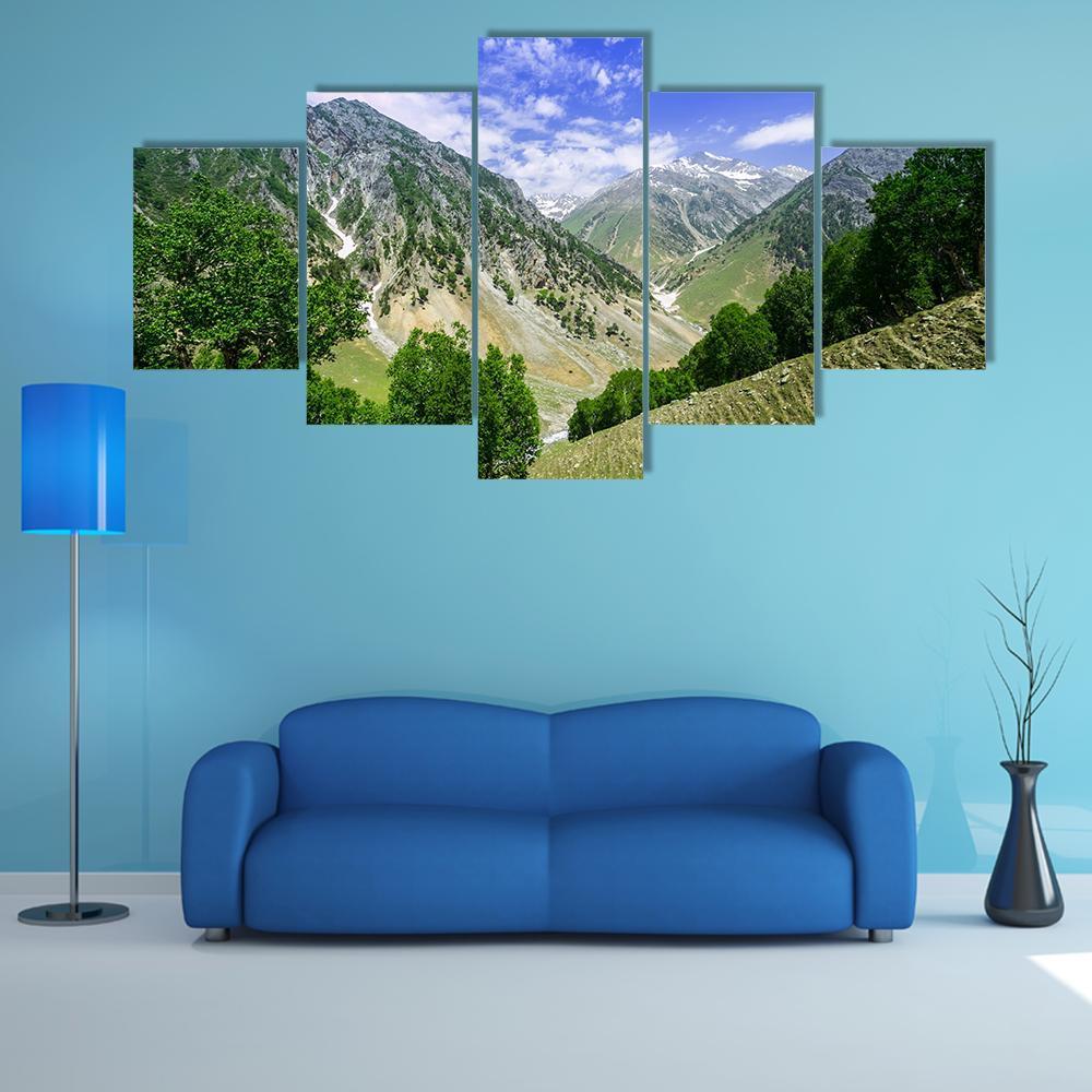 Rocky Mountains Landscape Canvas Wall Art in gray, green and blue, 5 panel Star layout hung on a wall