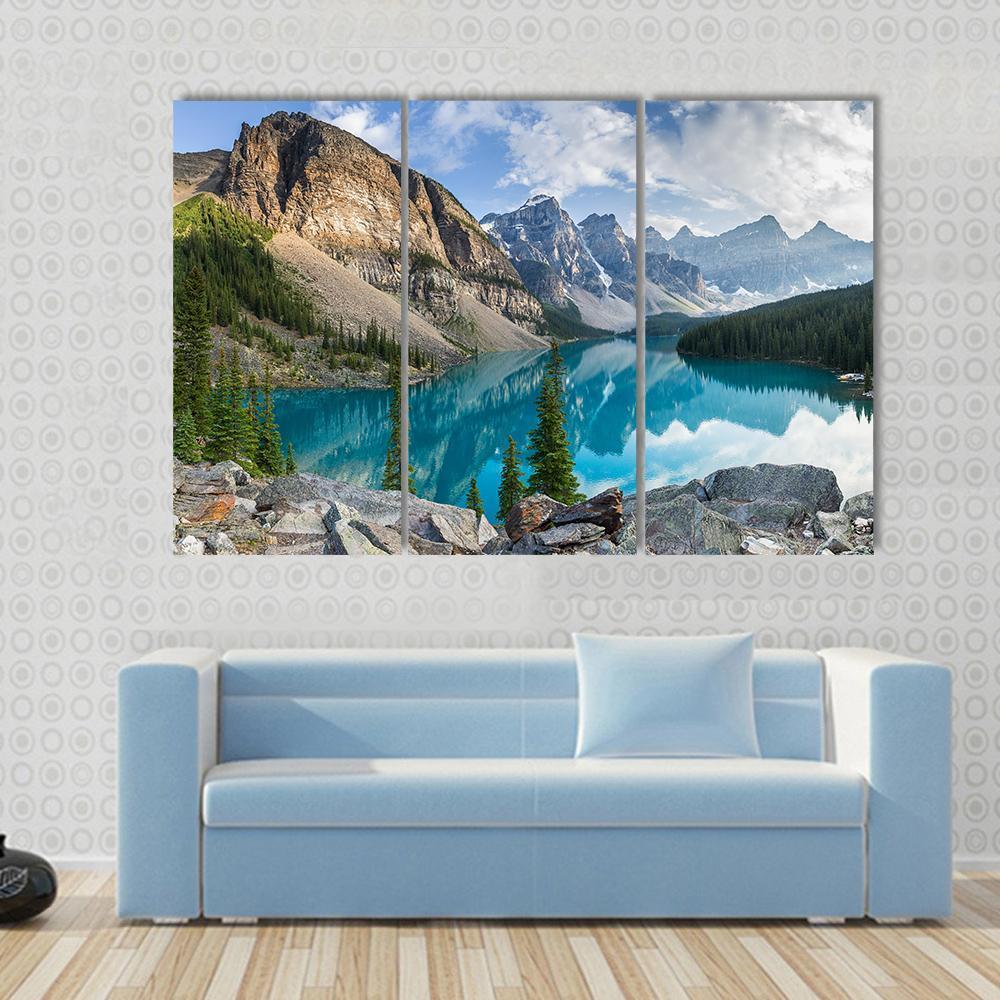 Rocky Mountains With Moraine Lake In Canada Canvas Wall Art-4 Pop-Gallery Wrap-50" x 32"-Tiaracle