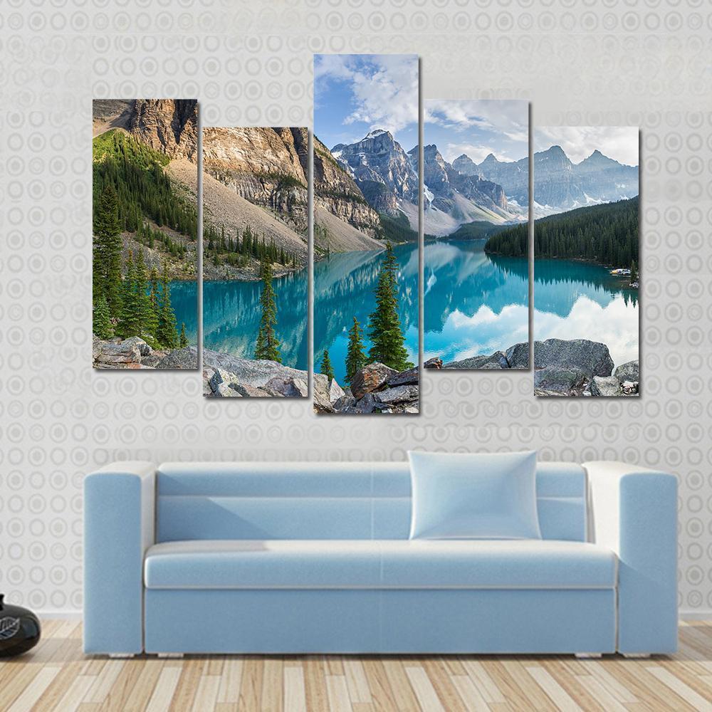 Rocky Mountains With Moraine Lake In Canada Canvas Wall Art-5 Pop-Gallery Wrap-47" x 32"-Tiaracle