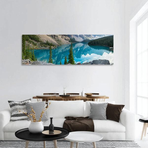 Rocky Mountains With Moraine Lake In Canada Panoramic Canvas Wall Art-3 Piece-25" x 08"-Tiaracle
