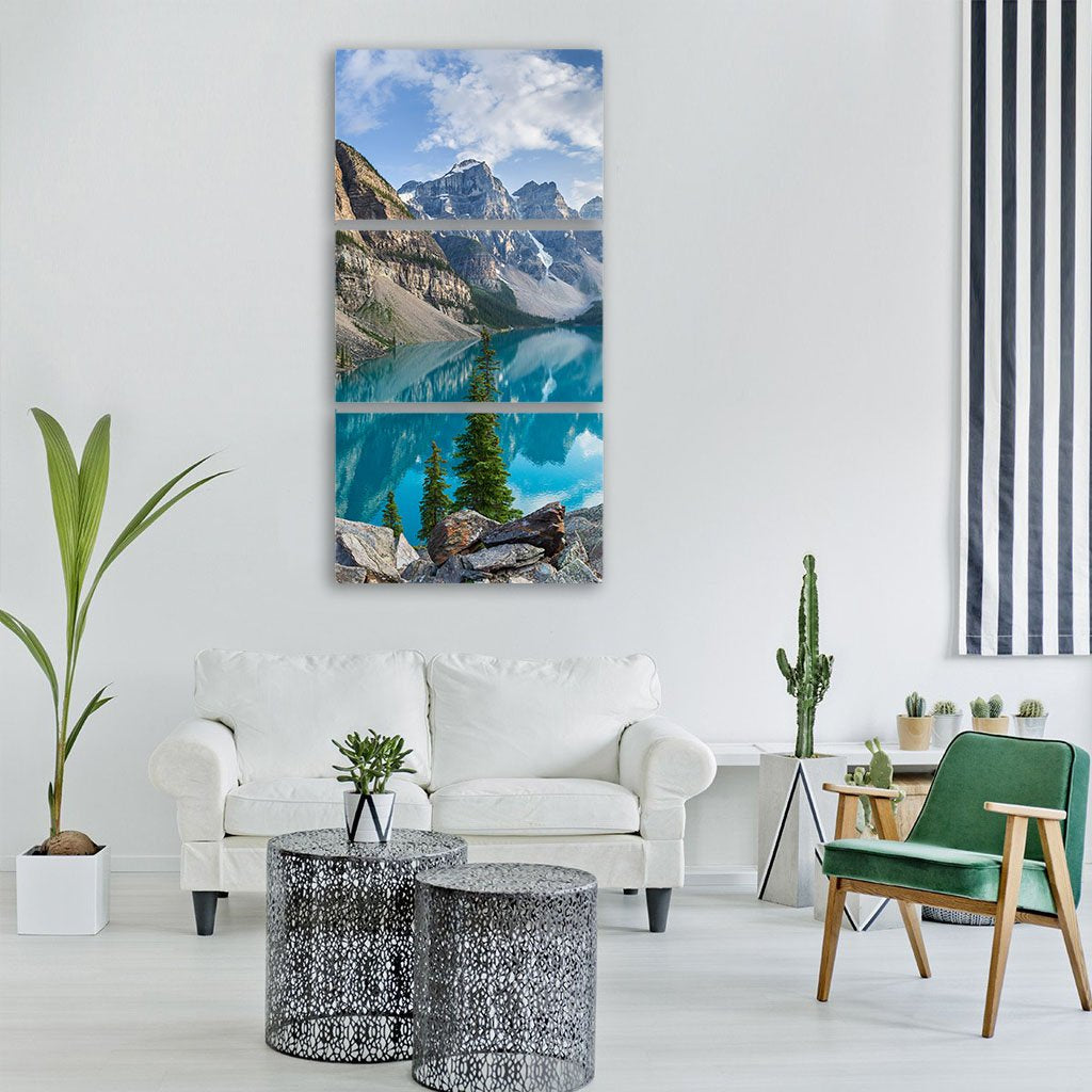 Rocky Mountains With Moraine Lake In Canada Vertical Canvas Wall Art-3 Vertical-Gallery Wrap-12" x 25"-Tiaracle