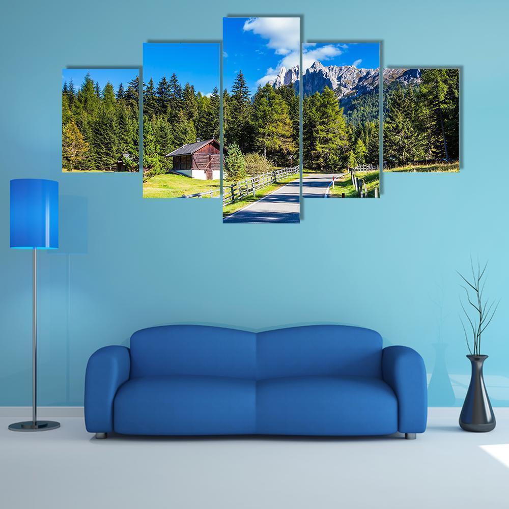 Winding Road to Snow-capped Peaks Canvas Wall Art in gray, green and blue, 5 panel Star layout hung on a wall