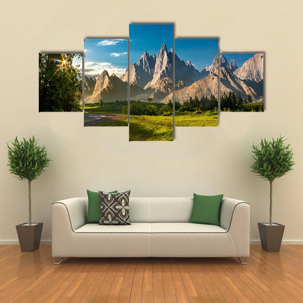 Rocky Peaks At Sunset Canvas Wall Art-5 Star-Gallery Wrap-62" x 32"-Tiaracle
