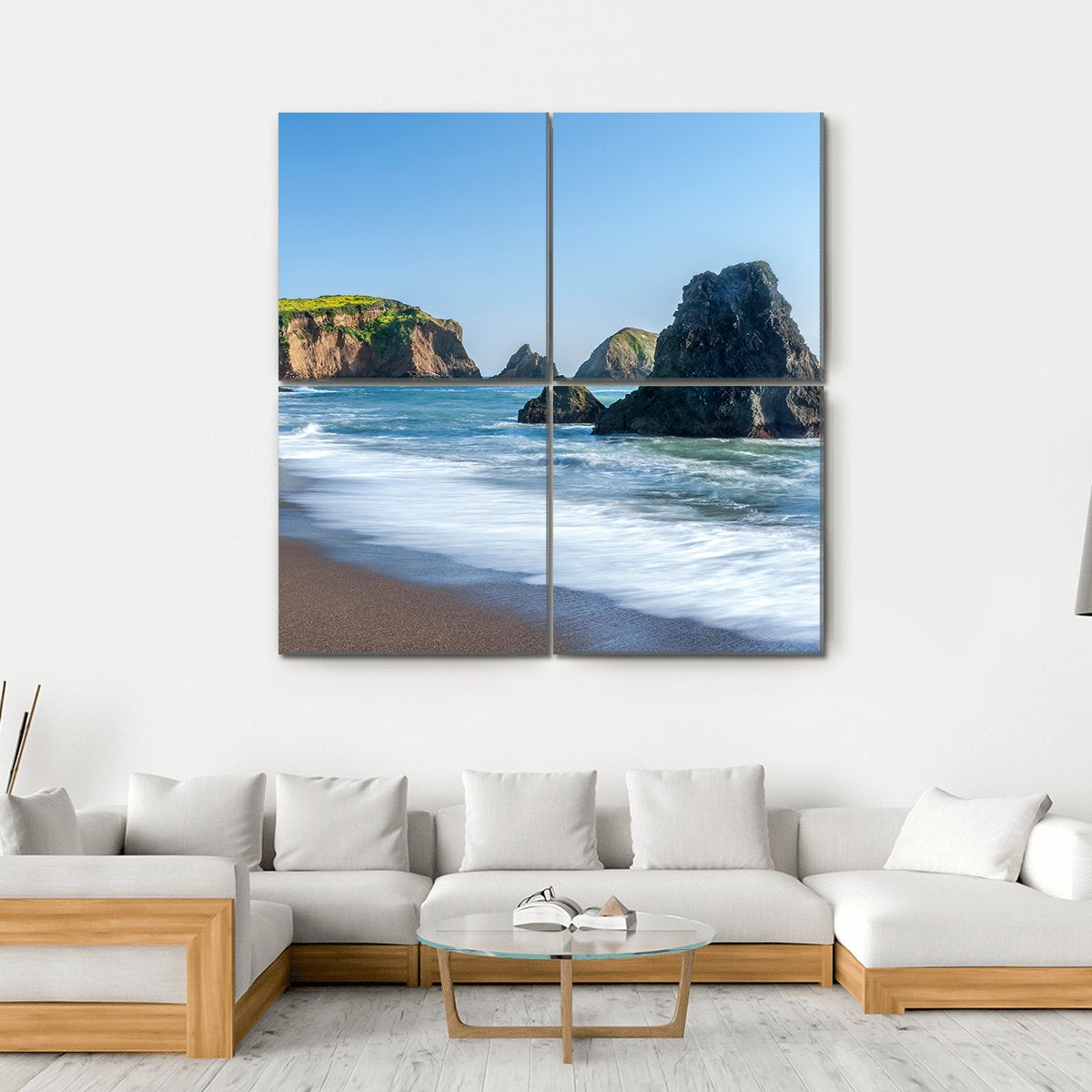 Rodeo Beach Shoreline with Sea Stacks Canvas Wall Art in brown, green and blue, hung on a wall