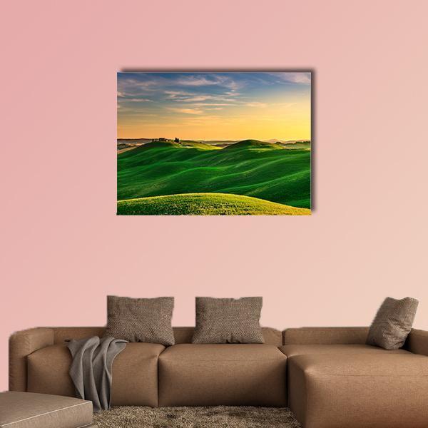 Rolling Hills And Green Field On Warm Sunset Canvas Wall Art-5 Star-Gallery Wrap-62" x 32"-Tiaracle