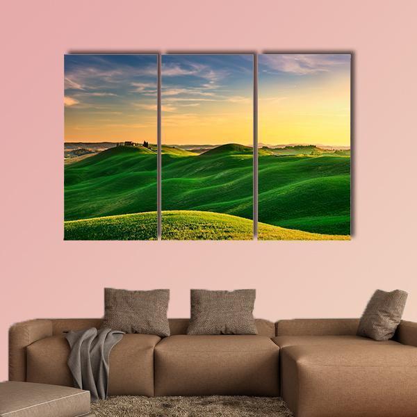 Rolling Hills And Green Field On Warm Sunset Canvas Wall Art-3 Horizontal-Gallery Wrap-37" x 24"-Tiaracle