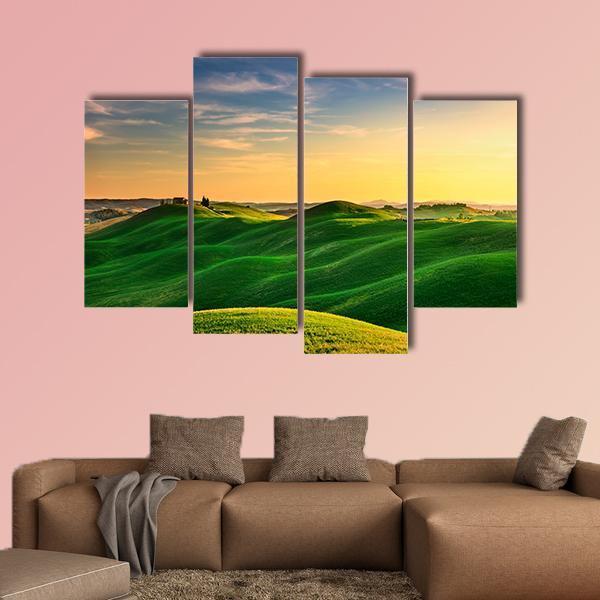 Rolling Hills And Green Field On Warm Sunset Canvas Wall Art-4 Pop-Gallery Wrap-50" x 32"-Tiaracle