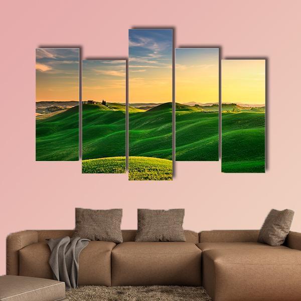 Rolling Hills And Green Field On Warm Sunset Canvas Wall Art-5 Pop-Gallery Wrap-47" x 32"-Tiaracle