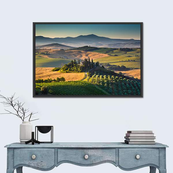 Rolling Hills And Valleys In Golden Morning Light Canvas Wall Art-1 Piece-Floating Frame-24" x 16"-Tiaracle