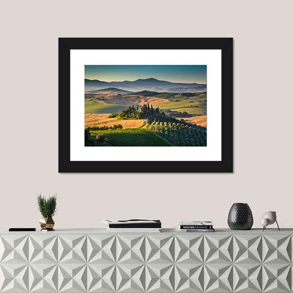Rolling Hills And Valleys In Golden Morning Light Canvas Wall Art-1 Piece-Framed Print-20" x 16"-Tiaracle