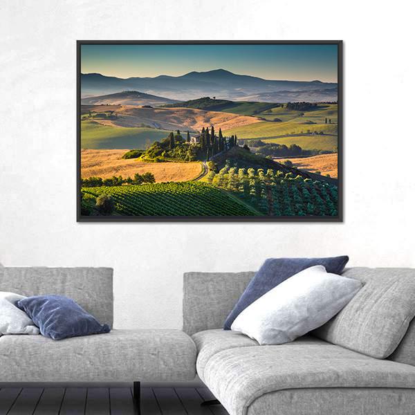 Rolling Hills And Valleys In Golden Morning Light Canvas Wall Art-3 Horizontal-Gallery Wrap-25" x 16"-Tiaracle